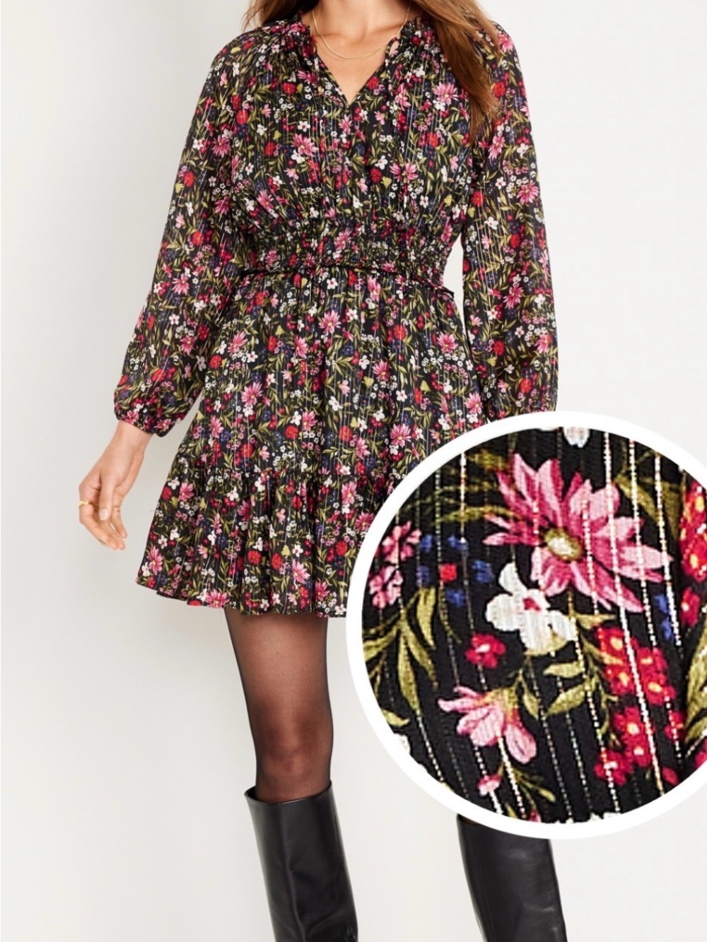 Old Navy Floral Black Smocked Waist Mini Dress